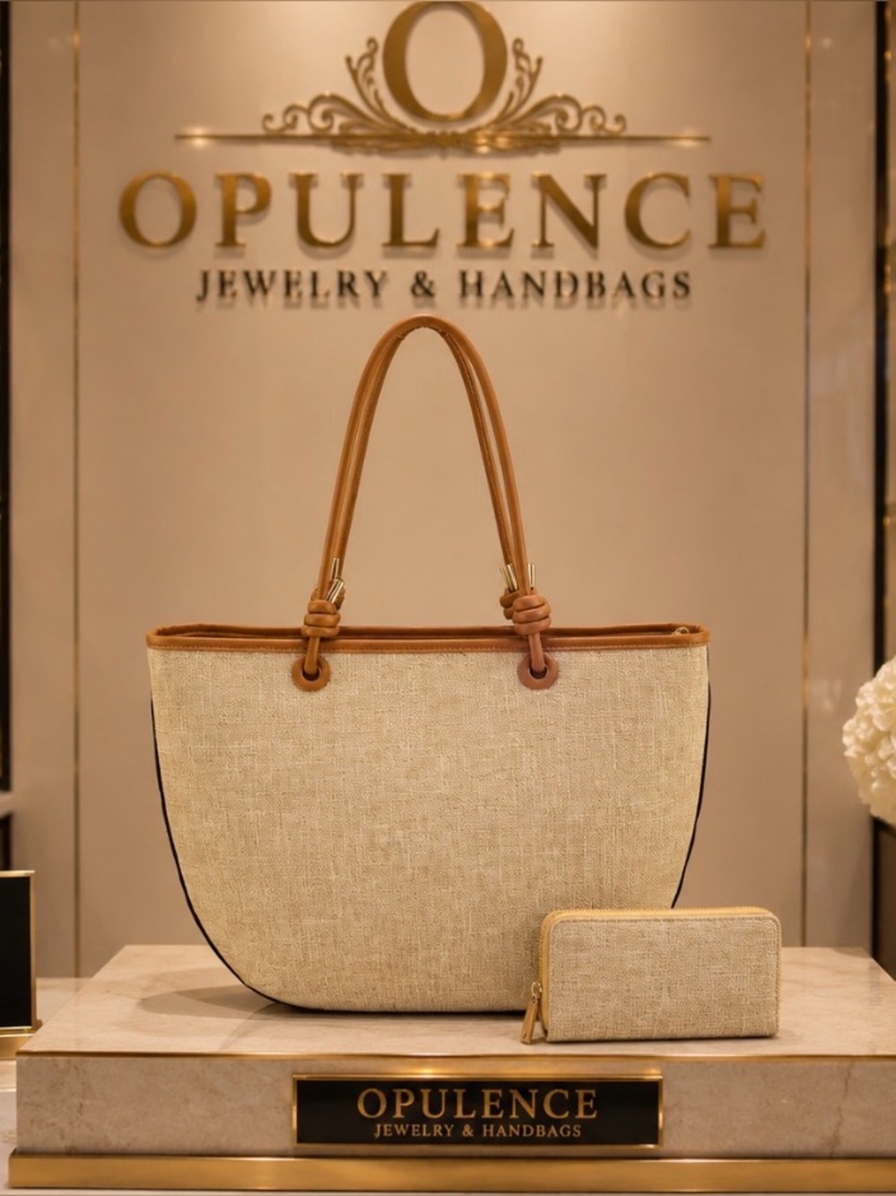 Beige & Tan Tote Bag with Matching Wallet